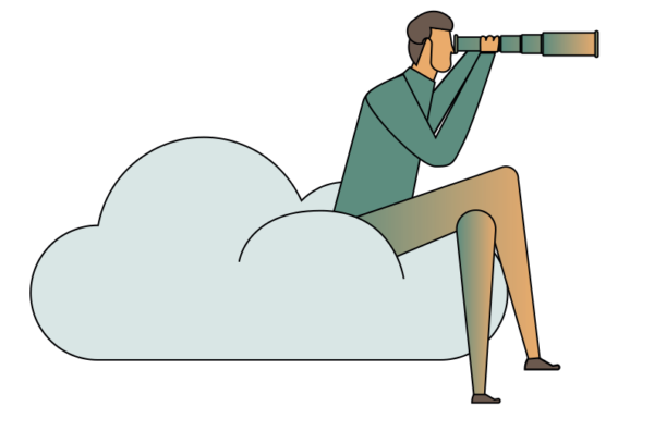 Kuvitus4_3 Customer-focused consulting illustrated by a person using a telescope on a cloud – symbolizing proactive IT service