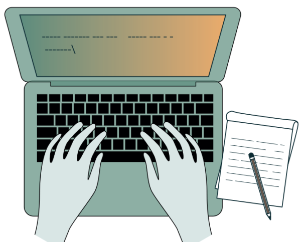 Write, organize, publish Hands typing on a laptop with documentation tools and a notepad – representing technical writing software